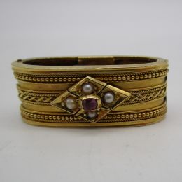 Antique 9ct Gold Scarf Ring - Ruby & Pearl