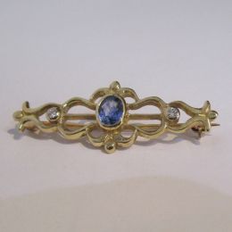 Bar Brooch 9ct Gold - Diamond & Saphire